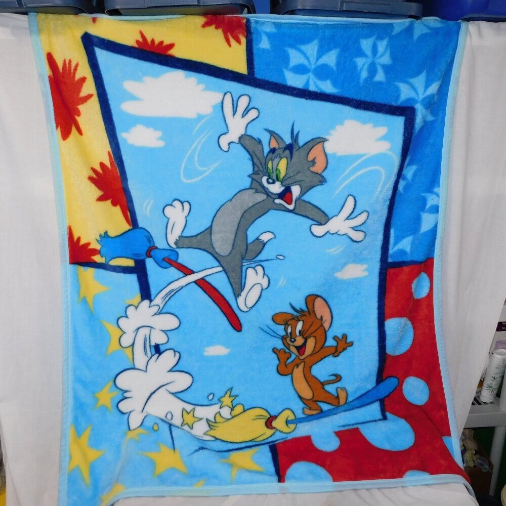Large Tom and Jerry Fleece Blanket Cat Mouse Plush Brooms Large 60" x 48"